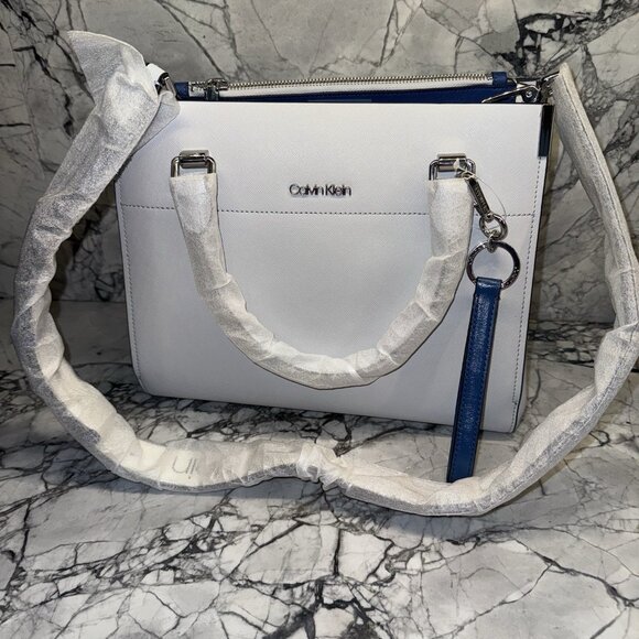 Calvin Klein Woman Genuine Leather Crossbody Bag Gray Blue Shoulder Straps Logo - Picture 1 of 4